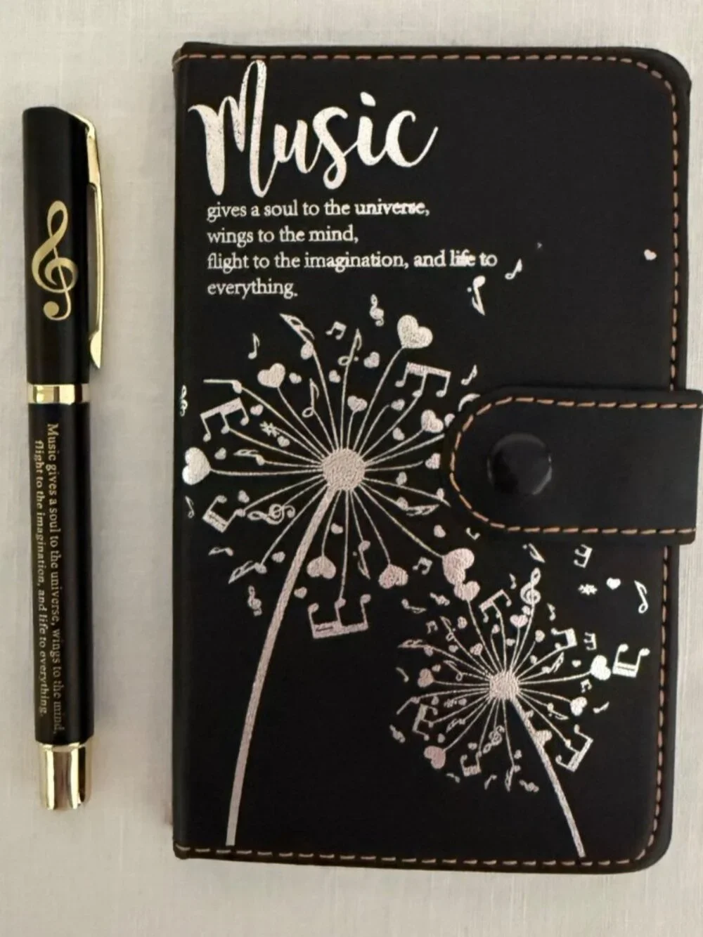 Music Journal Notebook Pen Set Black Faux Leather Music Notes Musician Gift